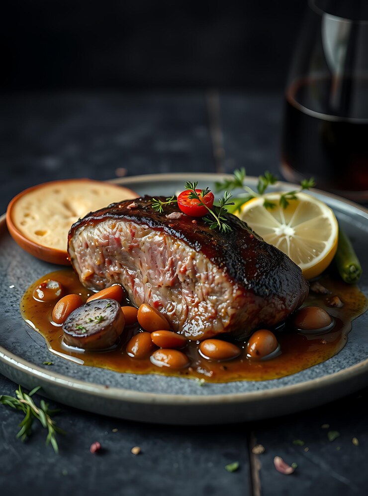 Photo plat allemand traditionnel de sauerbraten mariné braisé à partir de bœuf avec une sauce brune épicée