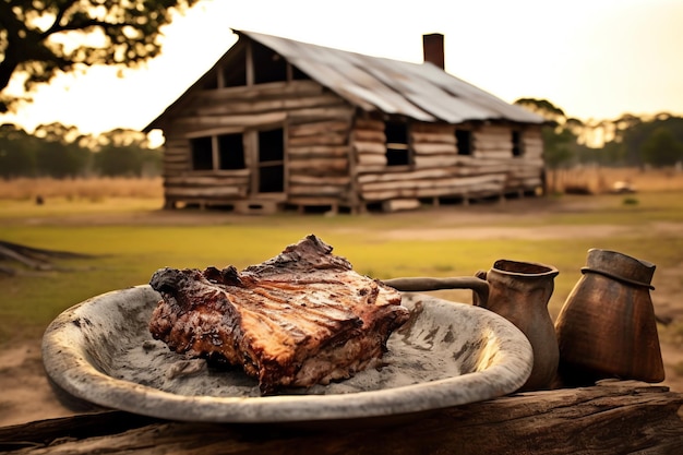 Un plat d'asado argentin sur un papier peint de table en bois patiné