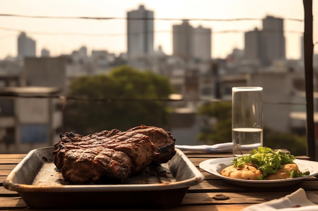 Un plat d'asado argentin sur une table en bois patiné