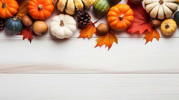 Photo un plat d'automne coloré avec des champignons et des feuilles de citrouille