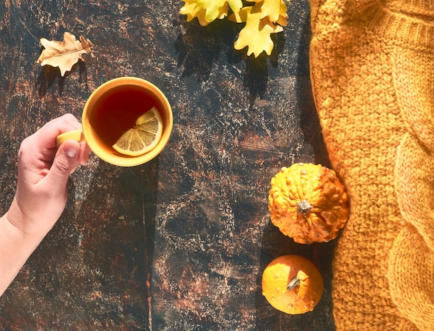 Plat d'automne avec pull jaune, citrouilles décoratives, feuilles de chêne et main tenant une tasse de thé au citron sur dark