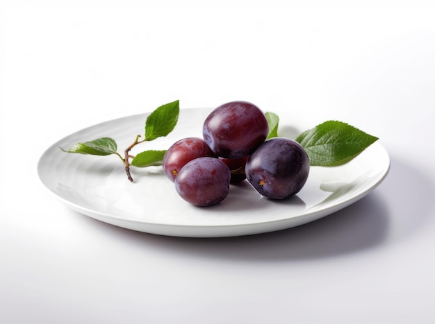 Plat aux prunes et feuilles vertes sur fond blanc