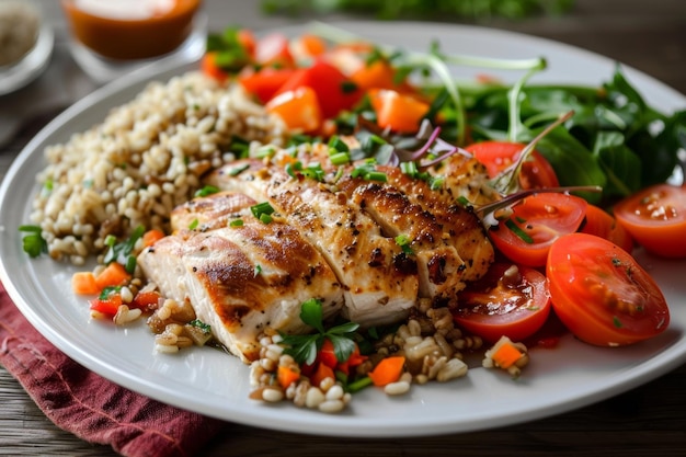 Un plat blanc avec du riz au poulet et des légumes