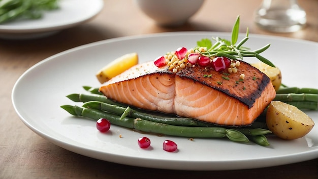 Un plat blanc avec du saumon et des haricots verts