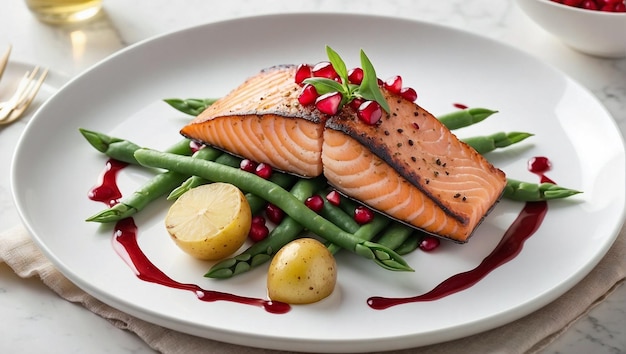 Un plat blanc avec du saumon et des haricots verts