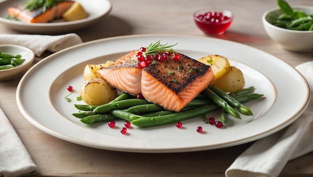 Un plat blanc avec du saumon et des haricots verts