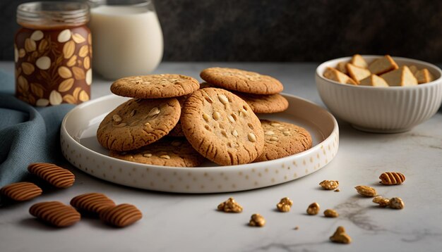 Sur un plat blanc sont empilés biscuits tranches de cannelle et un petit bol d'arachides