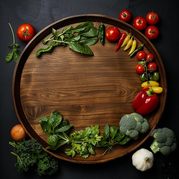 Photo un plat en bois entouré d'aliments frais et sains sur fond noir