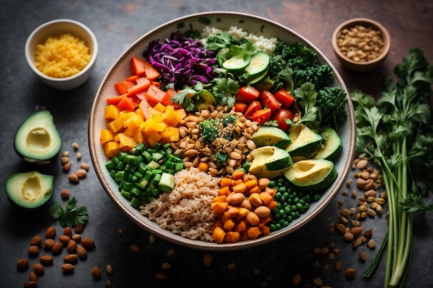 plat de bol de Bouddha avec légumes et légumineuses vue de dessus