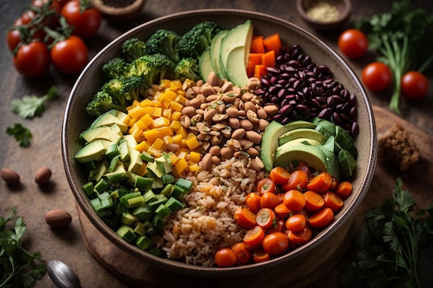 plat de bol de Bouddha avec légumes et légumineuses vue de dessus