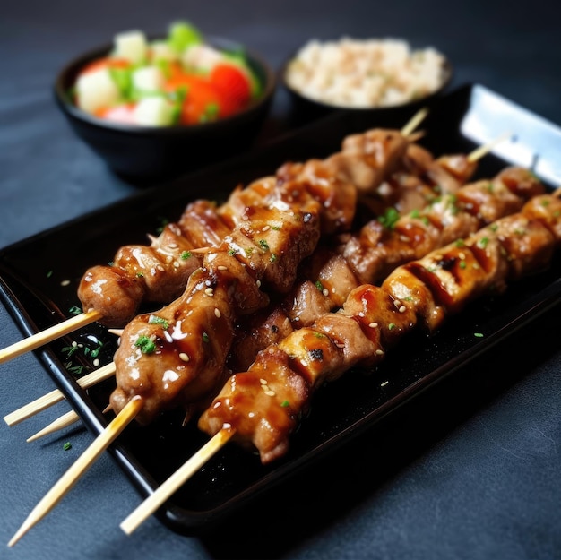 Un plat de brochettes de poulet yakitori sur des brochettes en bois