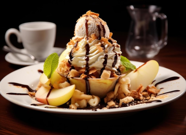 Le plat a de la crème et de la crème glacée avec de la cannelle applecore