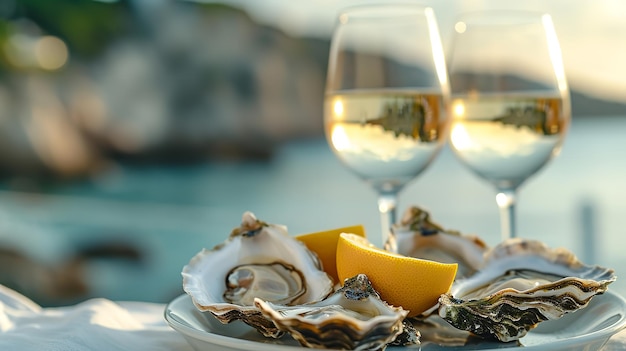 Plat de cuisine croate avec du citron et deux verres de vin blanc avec des huîtres Generative Ai