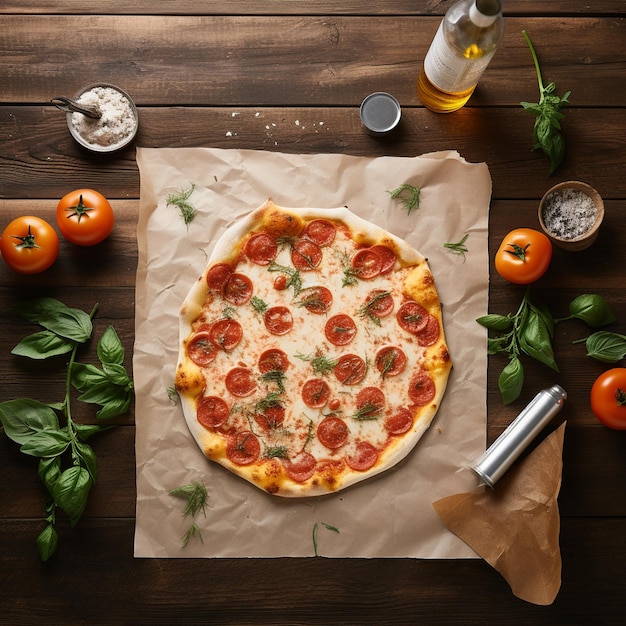 Un plat de cuisson avec une savoureuse pizza margarita sur bois