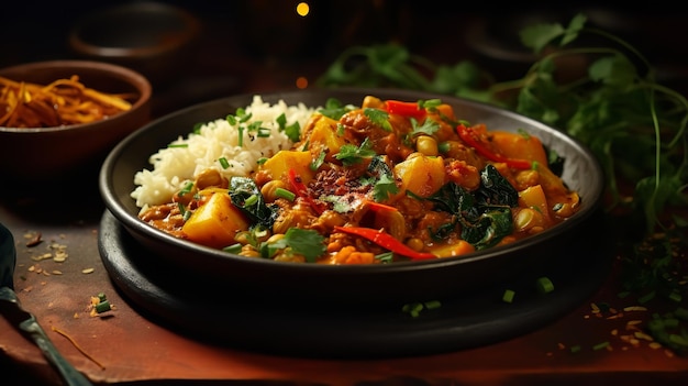 Plat de curry végétalien avec du riz riche et savoureux