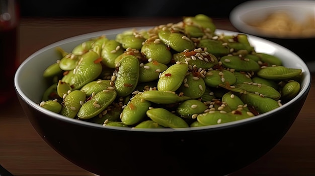 Ce plat d'edamame épicé à l'ail et au sésame est un apéritif ou une collation délicieuse et nutritive qui satisfera vos papilles gustatives et vous gardera rassasié. Généré par AI