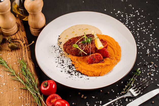 Plat d'escalope savoureuse avec purée et légumes sur fond de bois