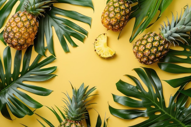 Photo un plat d'été tropical avec des ananas sur un fond jaune