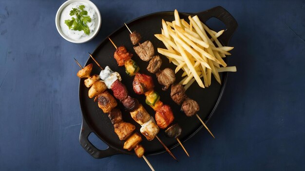 Photo plat fait de brochettes de poulet grillé, de bœuf, de viande de porc avec barbecue et de sauce tzatziki servi avec du frito.