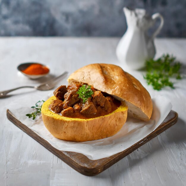 Photo plat de fast-food sud-africain au curry bunny chow avec de la viande et des légumes dans du pain blanc sur un fond blanc