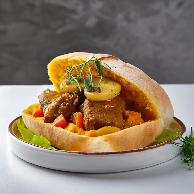 Plat de fast-food sud-africain au curry bunny chow avec de la viande et des légumes dans du pain blanc sur un fond blanc