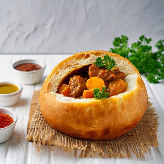 Plat de fast-food sud-africain au curry bunny chow avec de la viande et des légumes dans du pain blanc sur un fond blanc