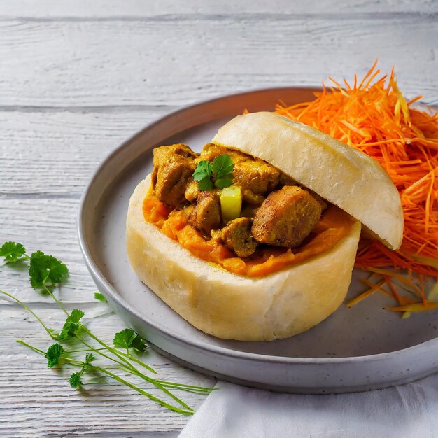 Plat de fast-food sud-africain au curry bunny chow avec de la viande et des légumes dans du pain blanc sur un fond blanc