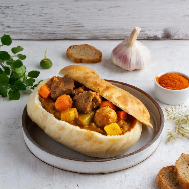 Plat de fast-food sud-africain au curry bunny chow avec de la viande et des légumes dans du pain blanc sur un fond blanc