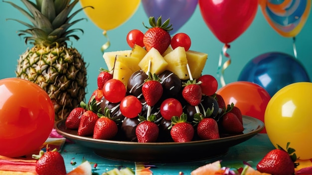 Photo un plat festif de fraises trempées dans du chocolat et des tranches de kiwi avec des bougies