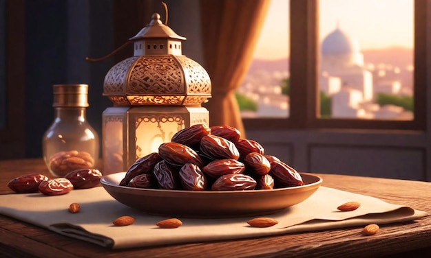 Photo plat de fond de ramadan de dattes avec des amandes éparpillées sur une table une lanterne traditionnelle