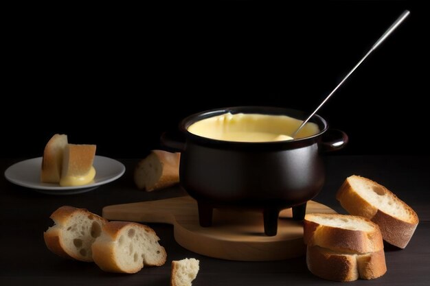 Photo plat à fondue au fromage avec fourchette dîner savoureux avec fromage fondu et pain générer ai