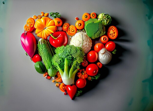 plat en forme de coeur et sac à provisions et shopping curt fond végétalien et logo végétalien arrangement de légumes lettrage végétalien fait de légumes sur fond blanc