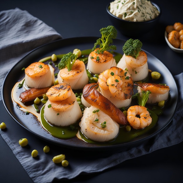 Photo un plat de fruits de mer composé de pétoncles poêlés, de crevettes grillées et d'un filet de sauce crémeuse