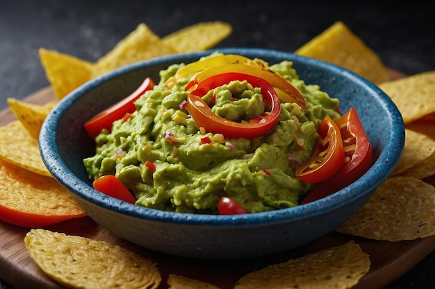 Un plat de guacamole avec du poivre de cloche coloré