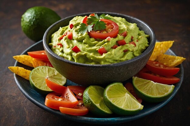 Un plat de guacamole avec des légumes colorés