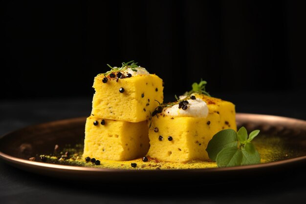 un plat gujarati savoureux et délicieux, le dhokla isolé sur un fond noir