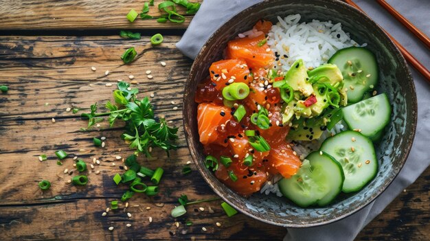 Plat hawaïen avec du saumon, de l'avocat et du concombre