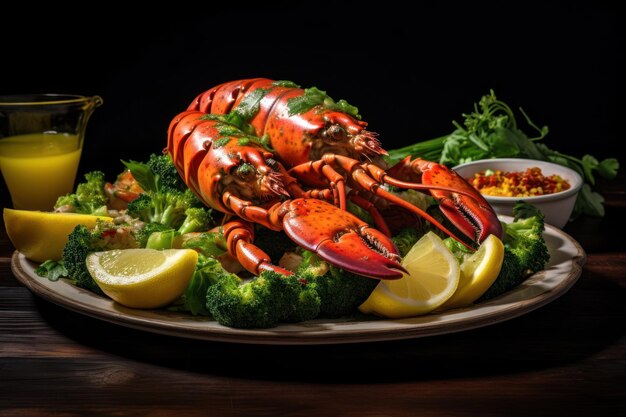 Un plat de homard rouge sur une assiette avec des herbes et des fruits de mer au citron