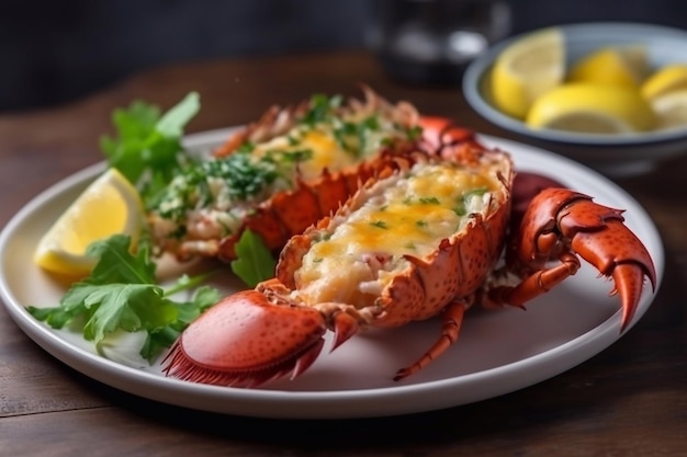 Plat de homard thermidor sur une assiette restaurant servant l'IA générative