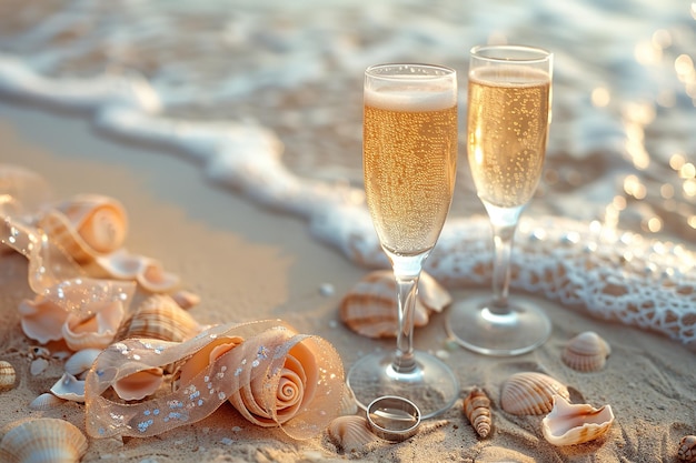Un plat d'huîtres et de limes sur une plage avec un beau temps et une vague de mer en arrière-plan accompagné de deux verres de vin IA générative
