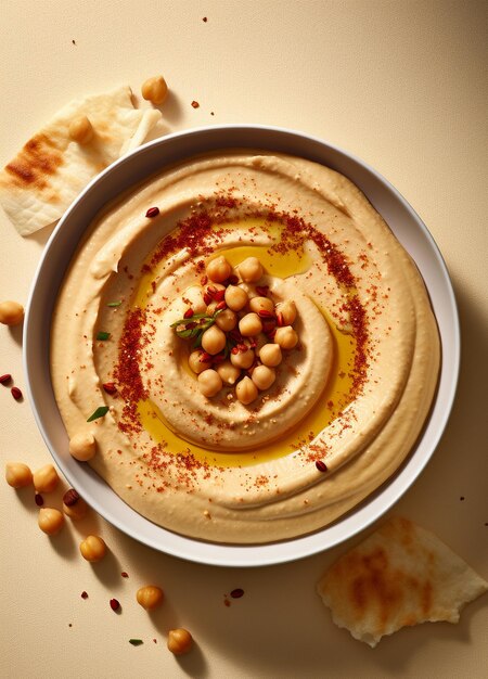 Un plat d'hummus dans une assiette sur le fond de la table Des plats de pois chiches un plat végétarien