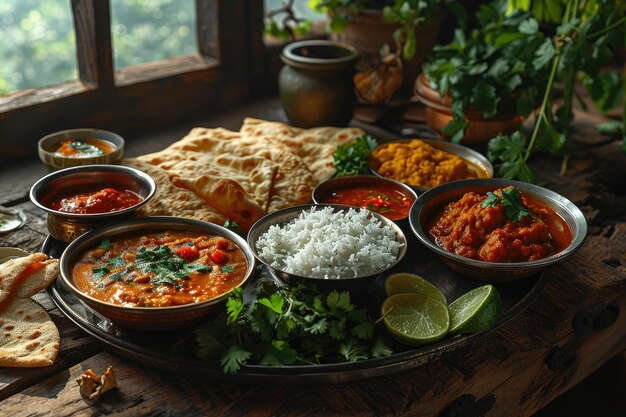 Plat indien avec du pain naan au riz au poulet et au curry et des collations cuisine indienne