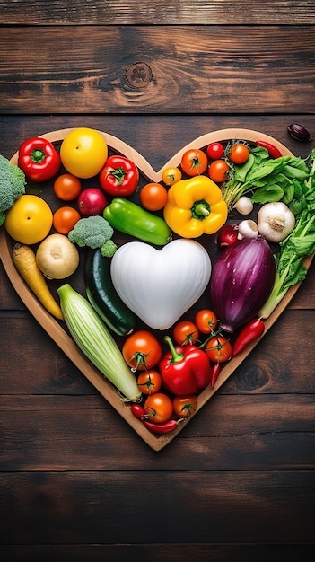 Un plat de légumes en forme de coeur avec des légumes dedans.