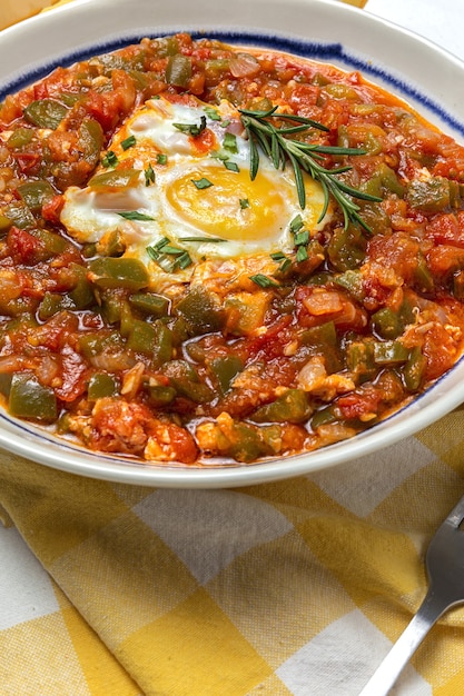 Plat de légumes pisto manchego à base de tomates, courgettes, poivrons, oignons avec œuf au plat. Cuisine espagnole typique