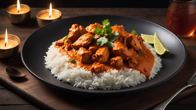 Un plat magnifiquement présenté de poulet Tikka Masala la teinte orange vibrante de la sauce contraste