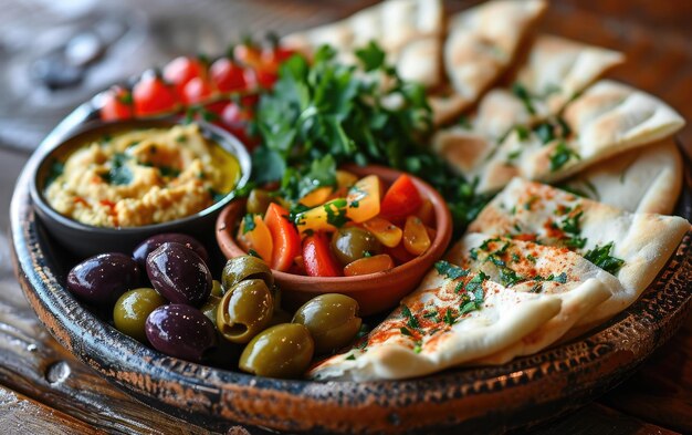Photo plat de mezze méditerranéen avec du houmous et des olives