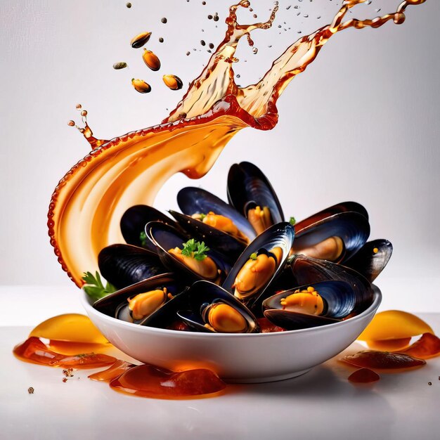 Plat de moules cuites, de crustacés et de fruits de mer