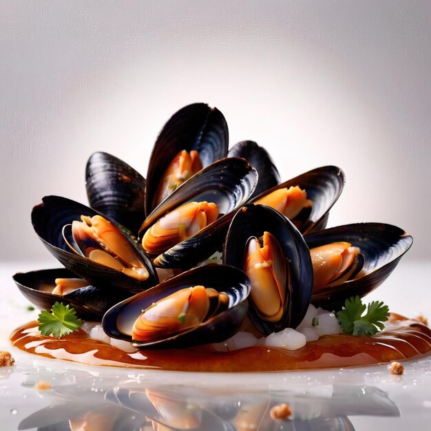 Photo plat de moules cuites, de crustacés et de fruits de mer