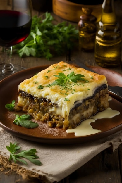 Plat de moussaka avec une couche d'aubergine tendre Generative AI