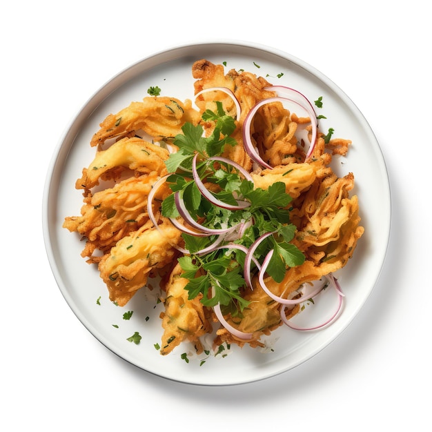 Plat néo-zélandais de beignets Whitebait sur UNE assiette blanche sur fond blanc directement au-dessus de la vue